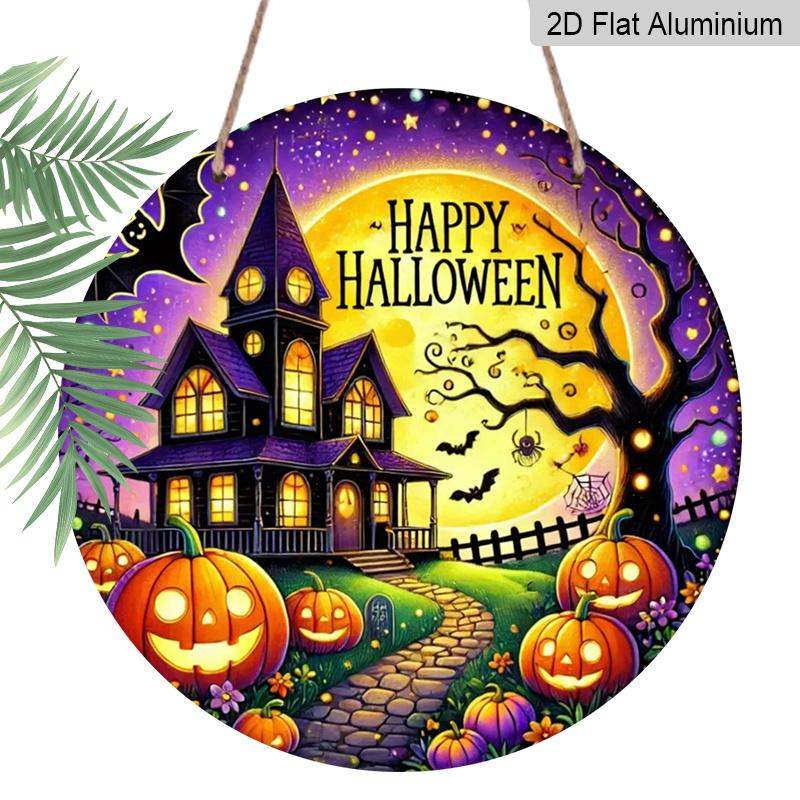 2D Flat, 1pc Round Aluminum Hanging Sign - Haunted House and Pumpkin Lantern Design, Happy Halloween Wall Decor, Durable Aluminum Sign, Suitable for