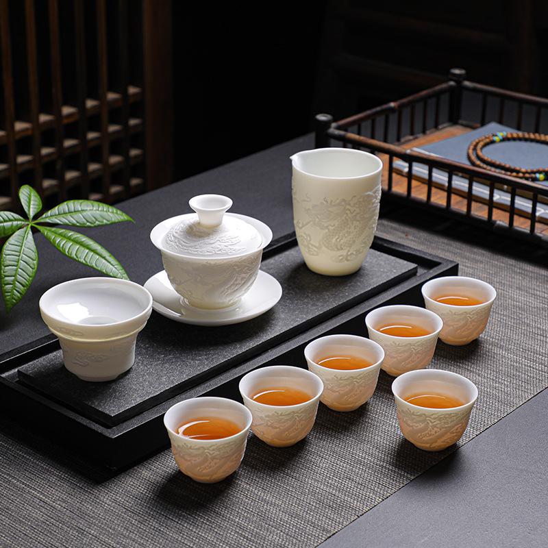 Dehua Kung Fu Tea Set Embossed Suet Jade Ceramic Tea Set Business Gifts