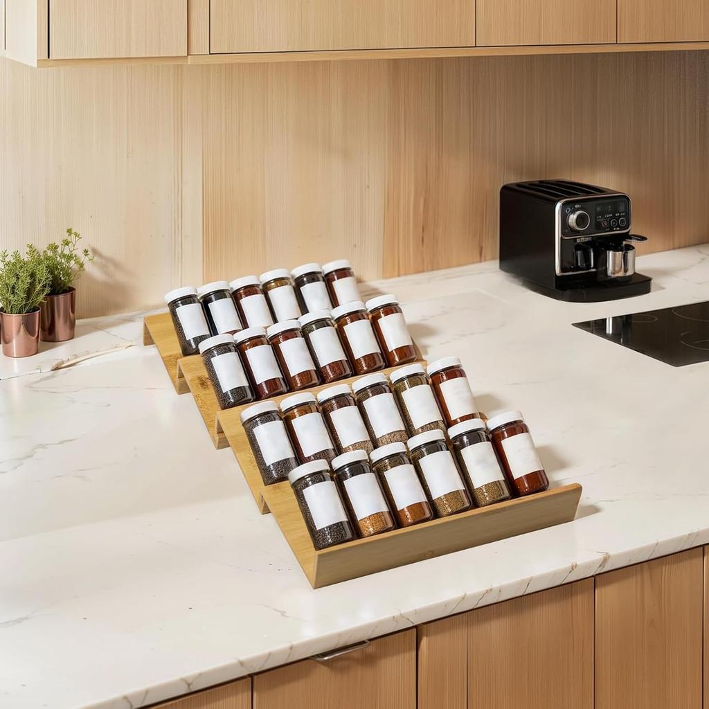Bamboo Spice Rack For Drawer, 4 Tier Stackable Seasoning Storage Organizer Insert,for Kitchen Condiments Storage Insert(Jars Not Included,9.4"