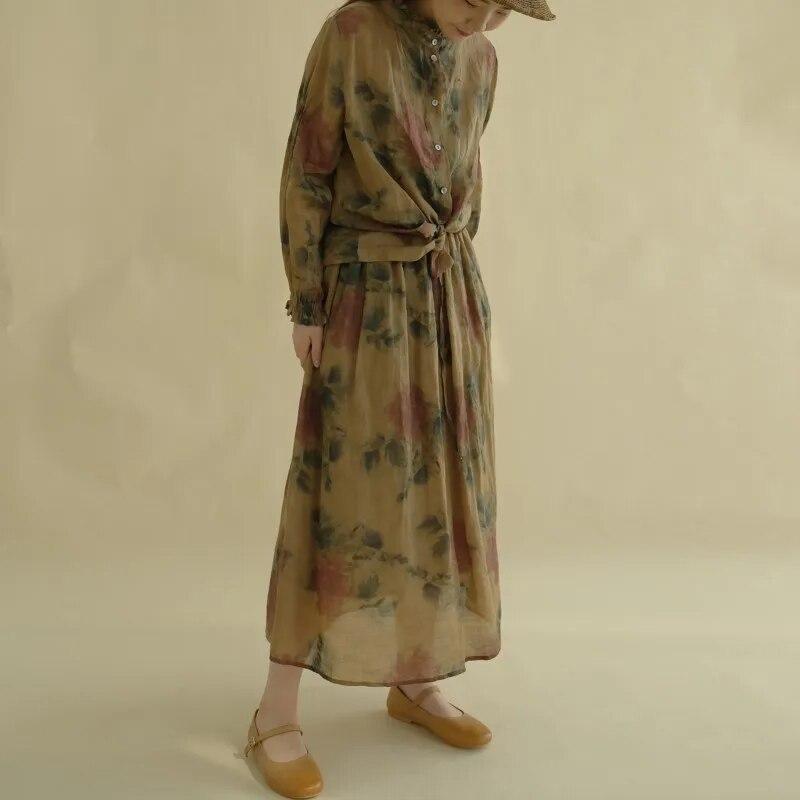 Johnature Women Print Floral Shirts Tops Ramie Stand Long Sleeve Button Autumn Blouses High Quality Vintage Shirts