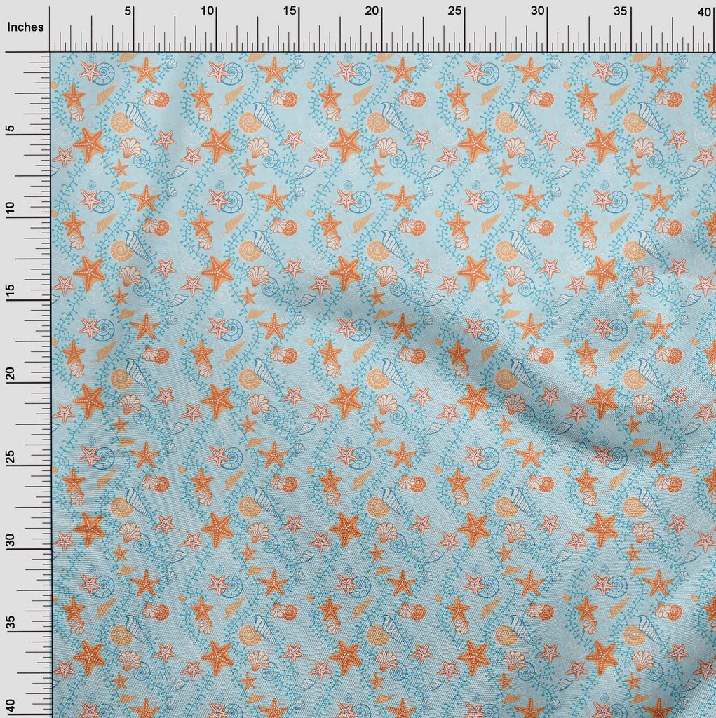 oneOone Cotton Flex Baby Blue Fabric Beach Seashell Quilting Supplies Print Sewing Fabric By The Yard 40 Inch