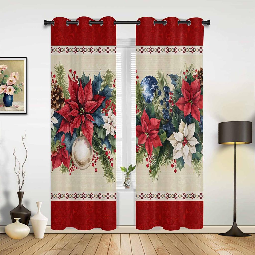 Christmas Ball Poinsettia Print Curtains for Bedroom Living Room Drapes Kitchen Study Room Window Curtain Home Decoration
