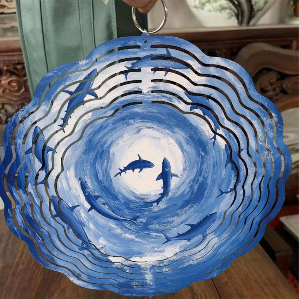 1pc Metal Ocean-Themed Wind Chime with 360° Rotating Shark & Wave Design, Artistic Garden Decor for Patio, Balcony