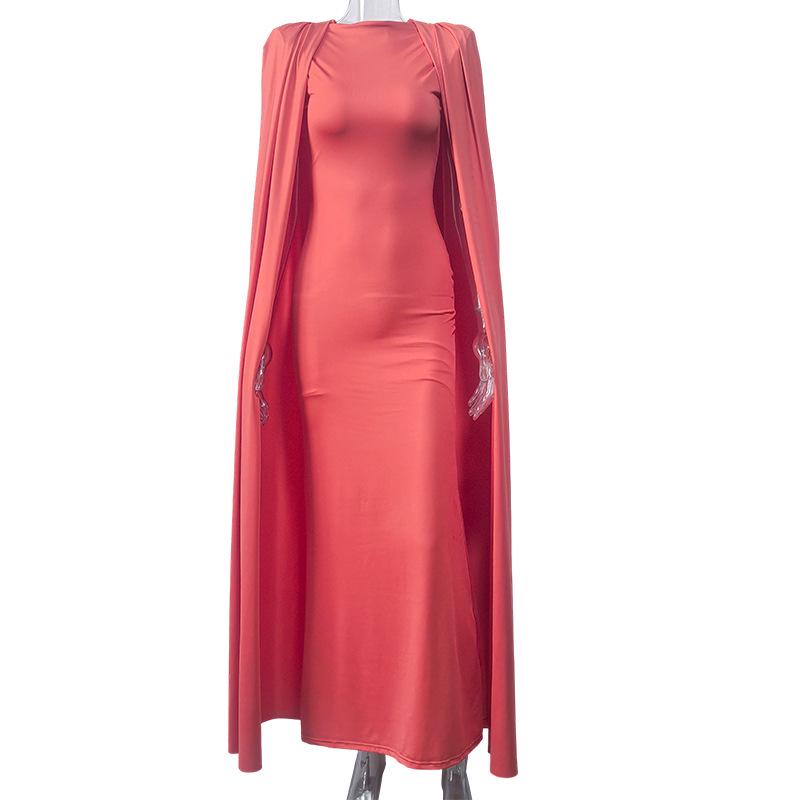 Elegant European Style Autumn/Winter Women's Evening Gown - Solid Color, Pleated, Round Neck, Waist-Cinched Skirt