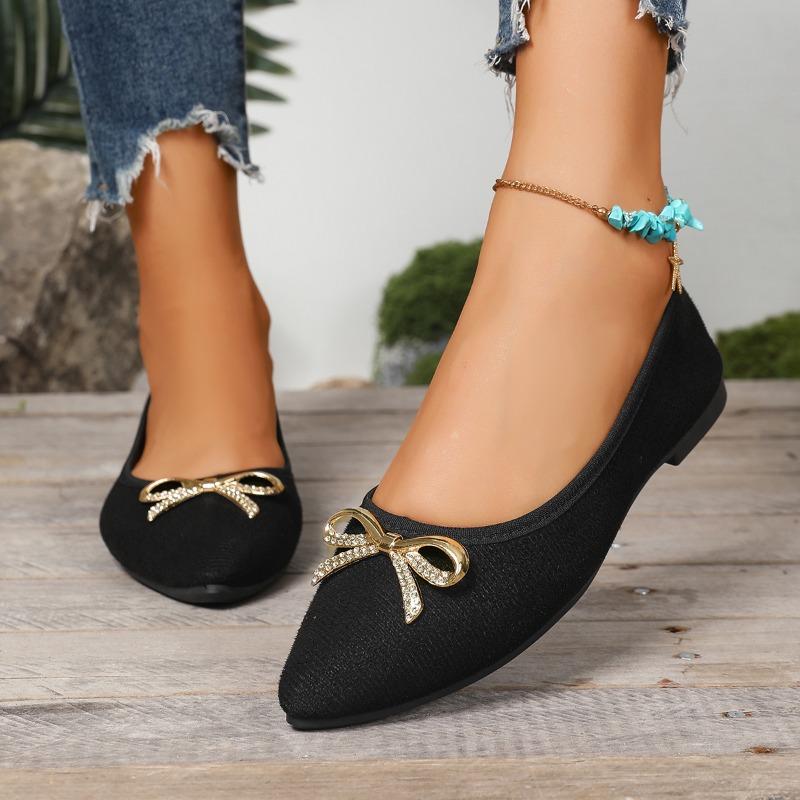 Fashion Women's Pointed Toe Shallow Suede Crystal Metal Bow Non-Slip Wear-Resistant Flats Fashion Soft Sole Single Shoes