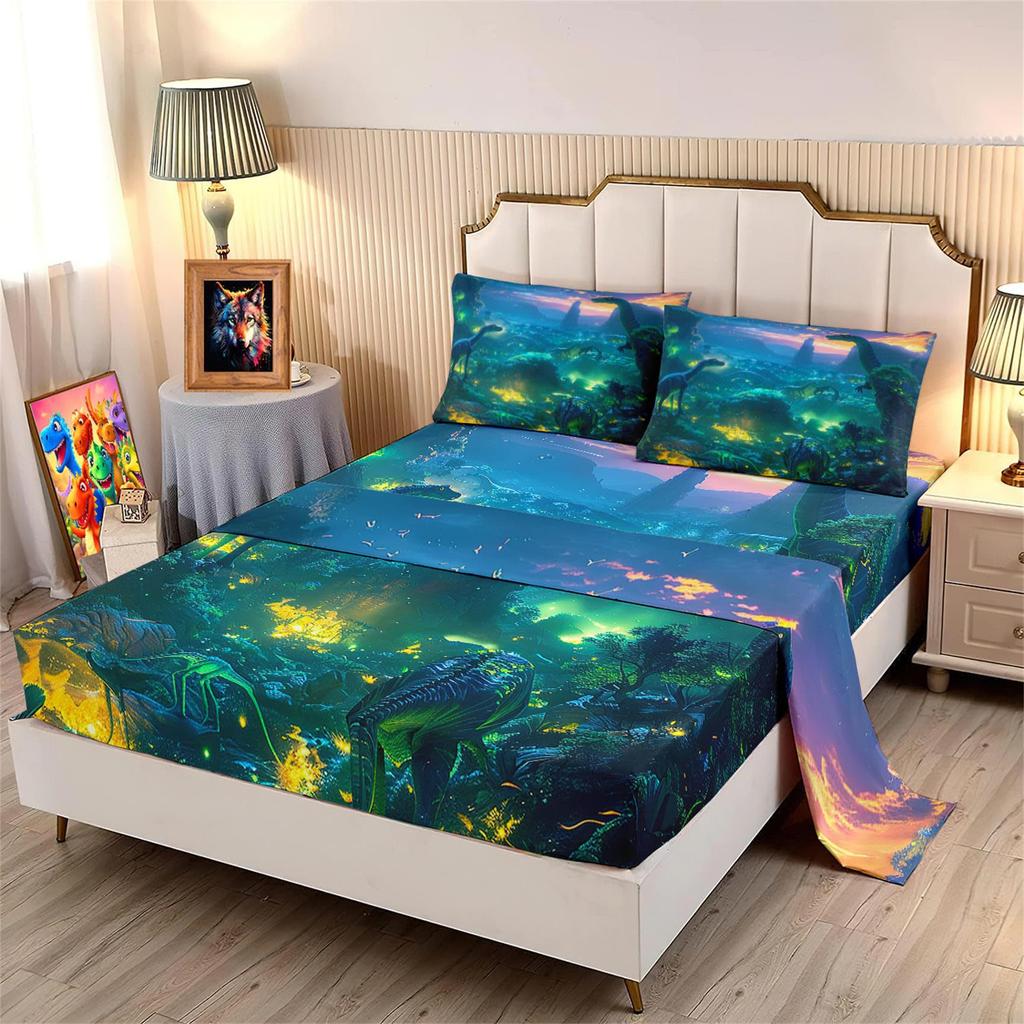 Cartoon Little Dinosaur Pattern Bed Hat Four-Piece Bedding Set Bedroom Dormitory Bedding Decoration