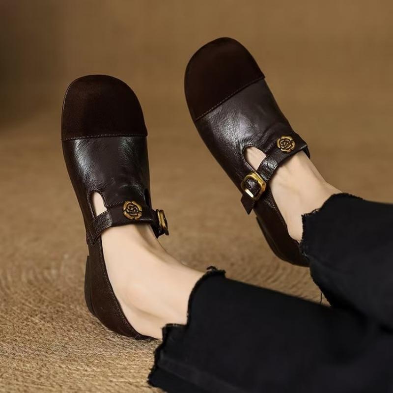 Fashion Women's Genuine  Mary Jane Flats, Contrast-Stitching Suede Cap Toe Gold Tone Buckle Ankle T-Strap Low Heel Hot Sale 2025