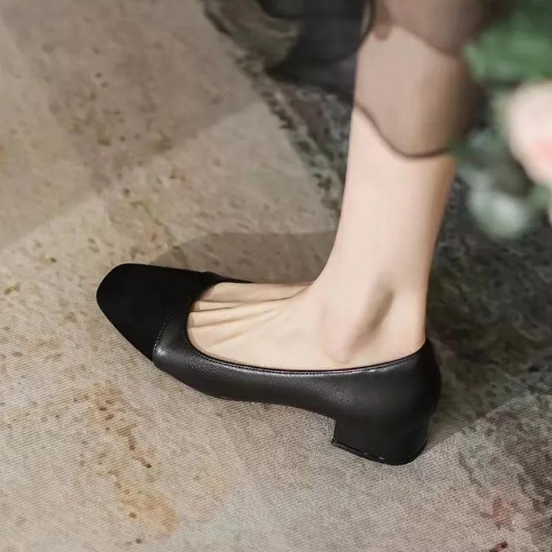 

Брендовые черные и бежевые туфли-лодочки из кожи в стиле пэчворк для женщин с толстым каблуком, модельные туфли с квадратным носком, туфли-лодочки Tacones с неглубоким носком и низким каблуком для женщин 42 чёрный