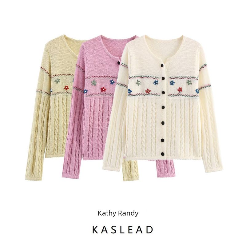Kaslead New Women Clothes Western Style Fashion Simple and Versatile Loose Embroidery Flower Knit Cardigan