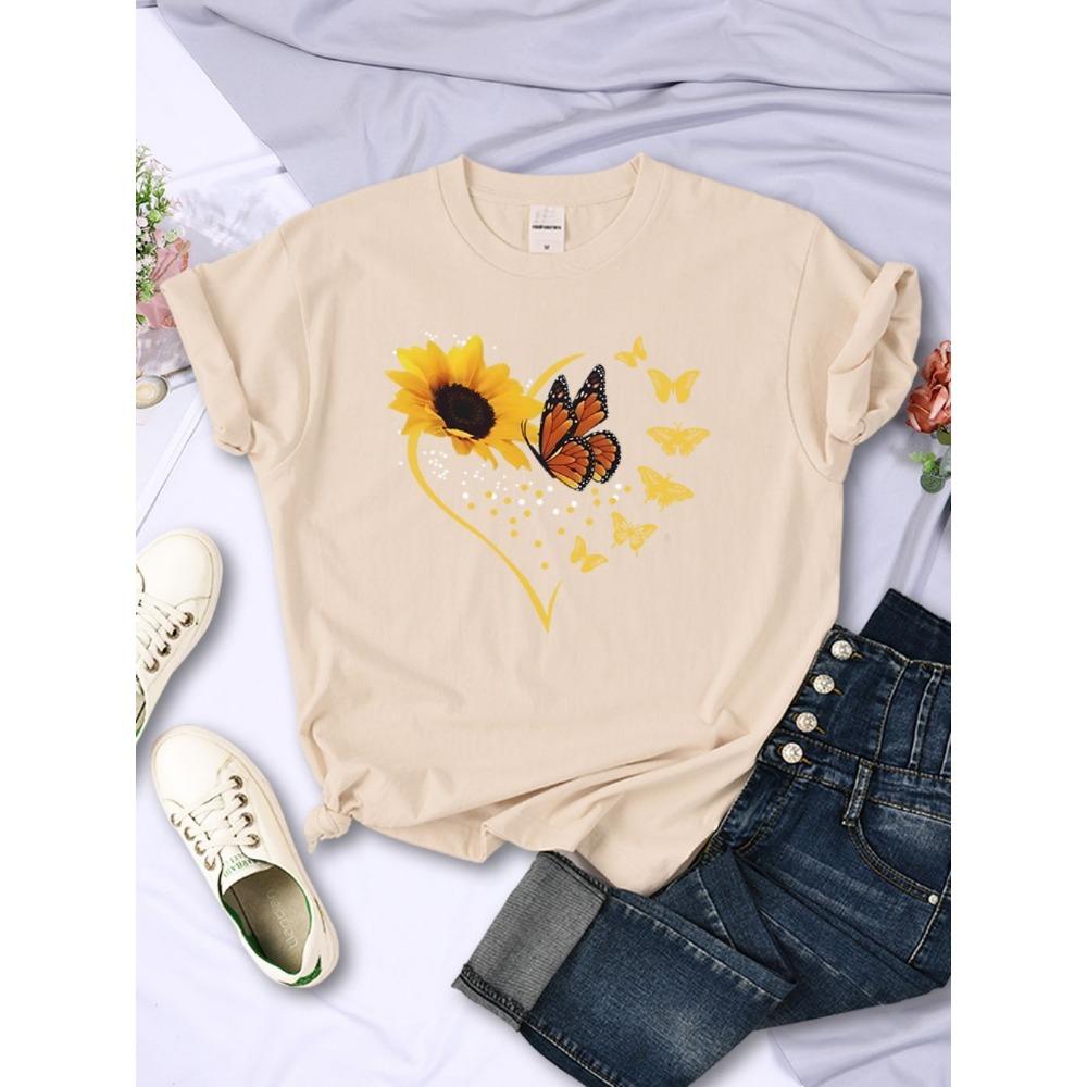 Simple Woman T-Shirts Sunflower Butterflies Heart Prints Short Sleeve Comfortable Soft O-Neck Tops Summer Casual Female Clothes