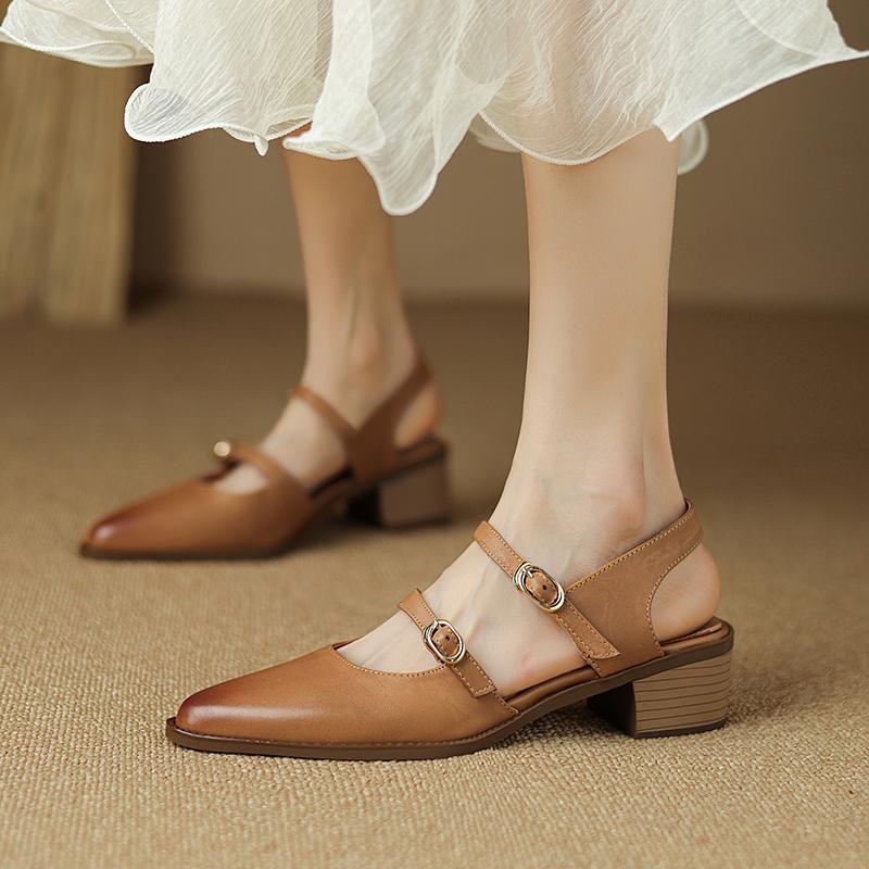 Summer Women Sandals Genuine Leather  Shoes for Women Cover Toe Chunky Heel Shoes Pointed Toe Slingback Sandals Gladiator Shoes