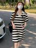 Large Size Women's Summer Wear New Fat Sister Medium and Long Loose and Thin Short-sleeved T-shirt Striped Polo Collar Dress