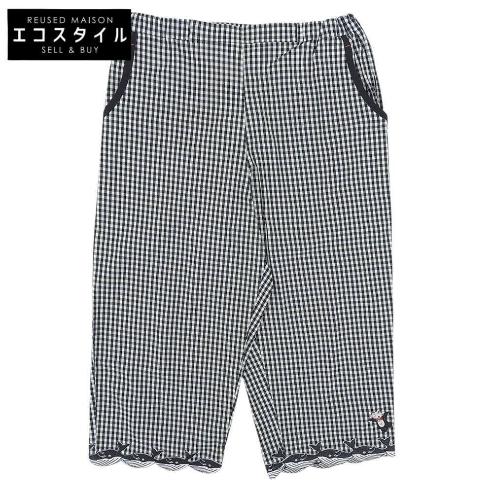 OLLEBOREBLA In Good Condition Gingham Check Pig, Whale and Pig Embroidery Easy Pants Bottoms for Women Black X White L Bottoms L Black WhiteUsed