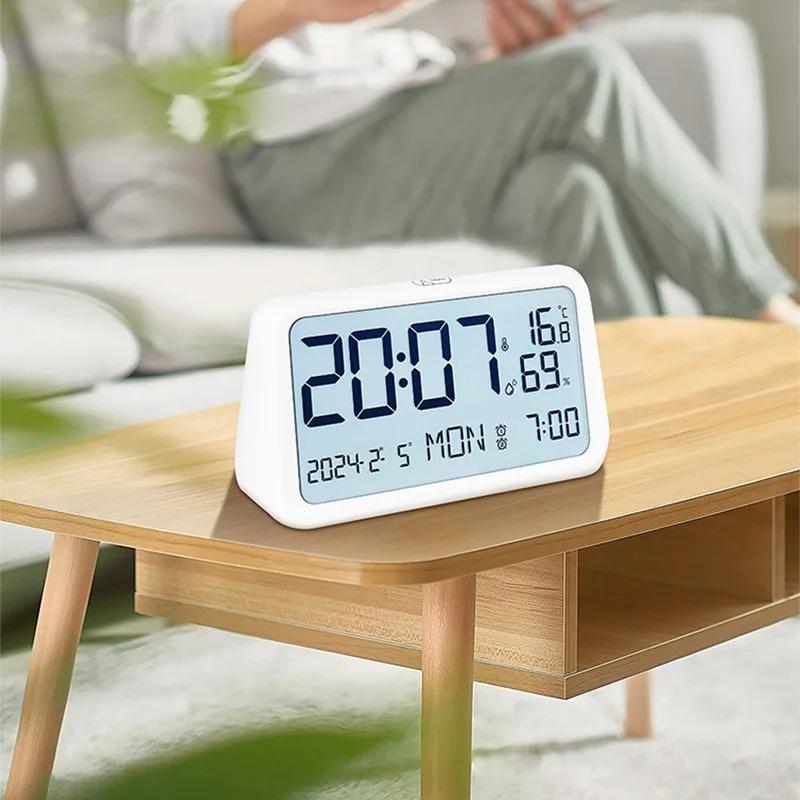 Minimalist Soft Light Digital Alarm Clock Large Screen Multifunctional Temperature Humidity Display Electronic Clock for Table