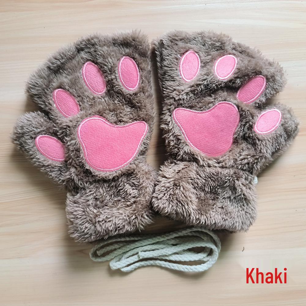 Women's Cute Cartoon Bear Paw Fingerless Plush Gloves with Hanging Neck