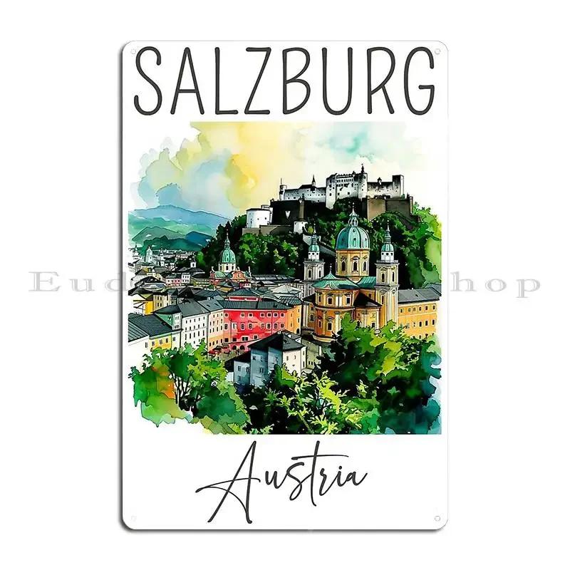 Watercolor Design Of Salzburg Austria Metal Plaque Poster Print Garage Wall Poster Custom Tin Sign Poster 20x30cm(7.8x11.8inch)