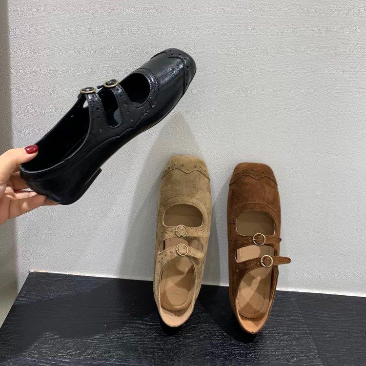 Fashion Spring Autumn Women's Luxury Party Shoes Medium Heel Retro Square Toe Suede Mary Jane Shoes Flat Square Buckle Single Loafers
