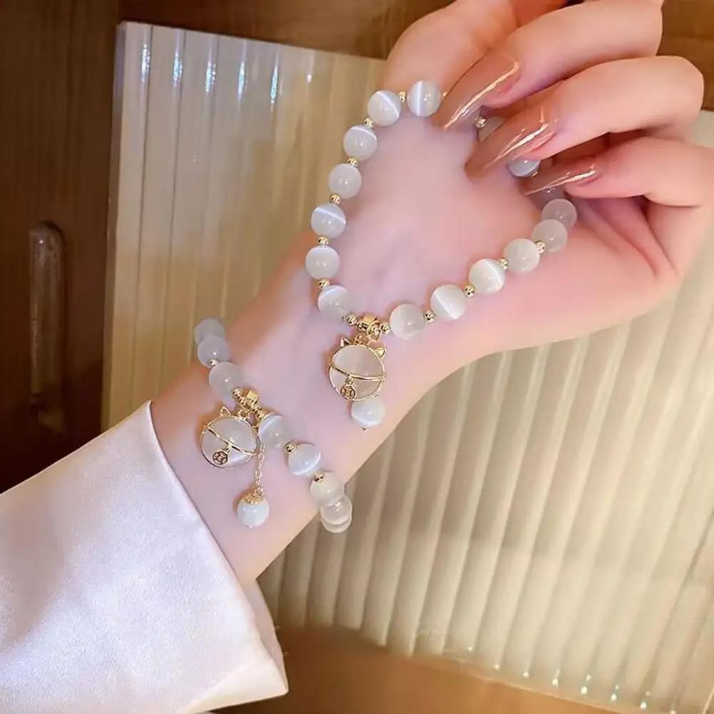 Exquisite Opal Beaded Bracelet for Women Elegant Lucky Cat Pendant Adjustable Bracelets Fashion Friendship  Gifts