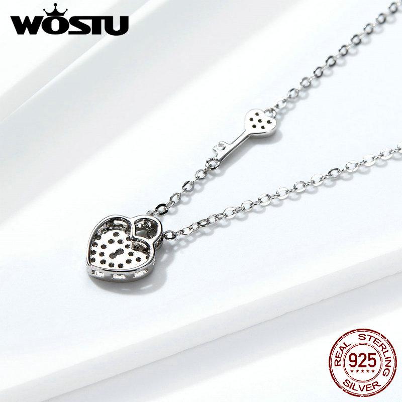 WOSTU 925 Sterling Silver Lock Heart Dangle Pendant Heart Highlights Necklaces Dazzling CZ Chain For Women 925 Jewelry CQN315