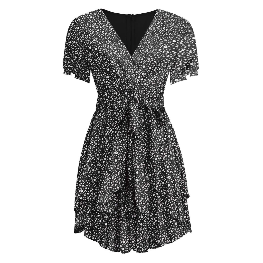 Abito da donna con volant in vita ampia stampato a maniche corte con scollo a V, casual alla moda