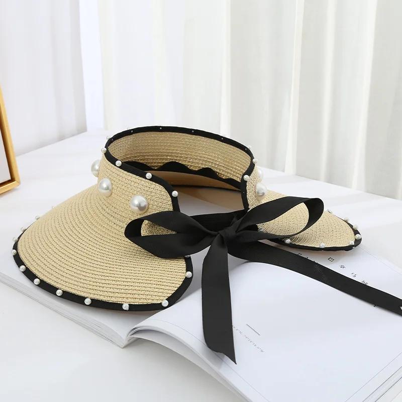 Foldable Empty Top Straw Hats For Women Summer White Imitation Pearl Beach Visor Caps UV Protction Adjustable Ribbon Sun Hat