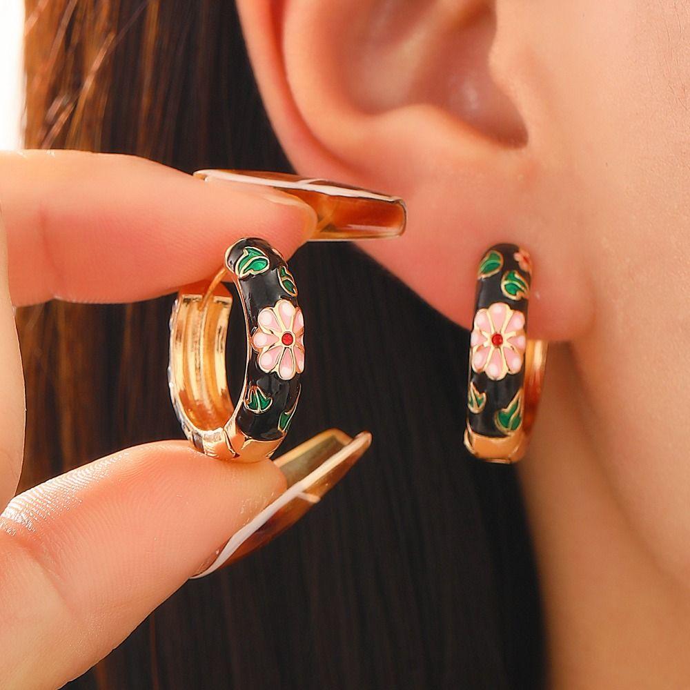 Traditional Flower Enamel Earrings Korean Dripping Oil Earrings Chinese Style Earrings  Jewelry