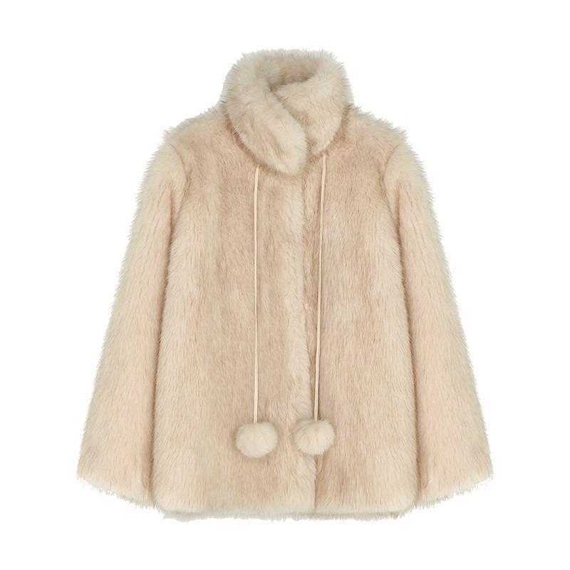 Elegant Vintage Cream Fluffy Fur Coat Women Cute Mid-Length Fall Winter Outerwear