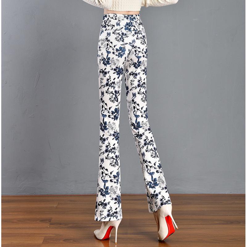 Green Floral Micro-Flare Pants - Autumn/Winter 2024 Body-Shaping Elastic Women's Long Pants