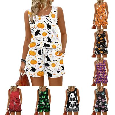 Women Summer Casual Two Piece Set Sleeveless Tank Top with Square Neck and Printed Shorts with Pockets Lightweight Lounge Wear