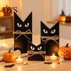 Solid Wood Craft 3 Pcs Halloween Black Cat Wooden Block Sign, Vintage Table Decoration Decorative Cutout with Burlap Rope, Rustic Farmhouse