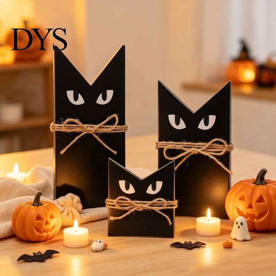 Solid Wood Craft 3 Pcs Halloween Black Cat Wooden Block Sign, Vintage Table Decoration Decorative Cutout with Burlap Rope, Rustic Farmhouse