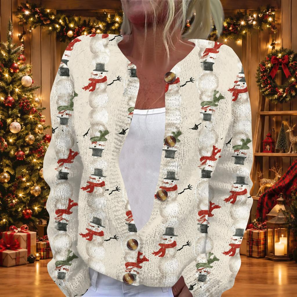 Women's Christmas Print Long Sleeve Knit Cardigan Button Down Sweater