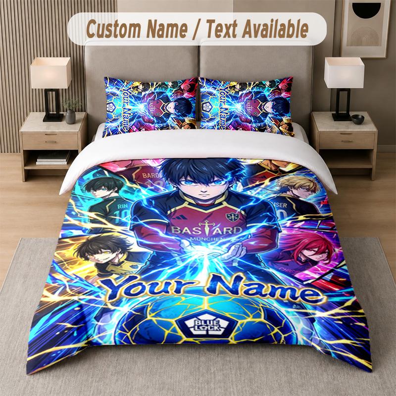 Blue Lock 3Pcs Bedding Set, Personalized Custom Name Text, 1 Duvet Cover & 2 Pillowcases For Bedroom