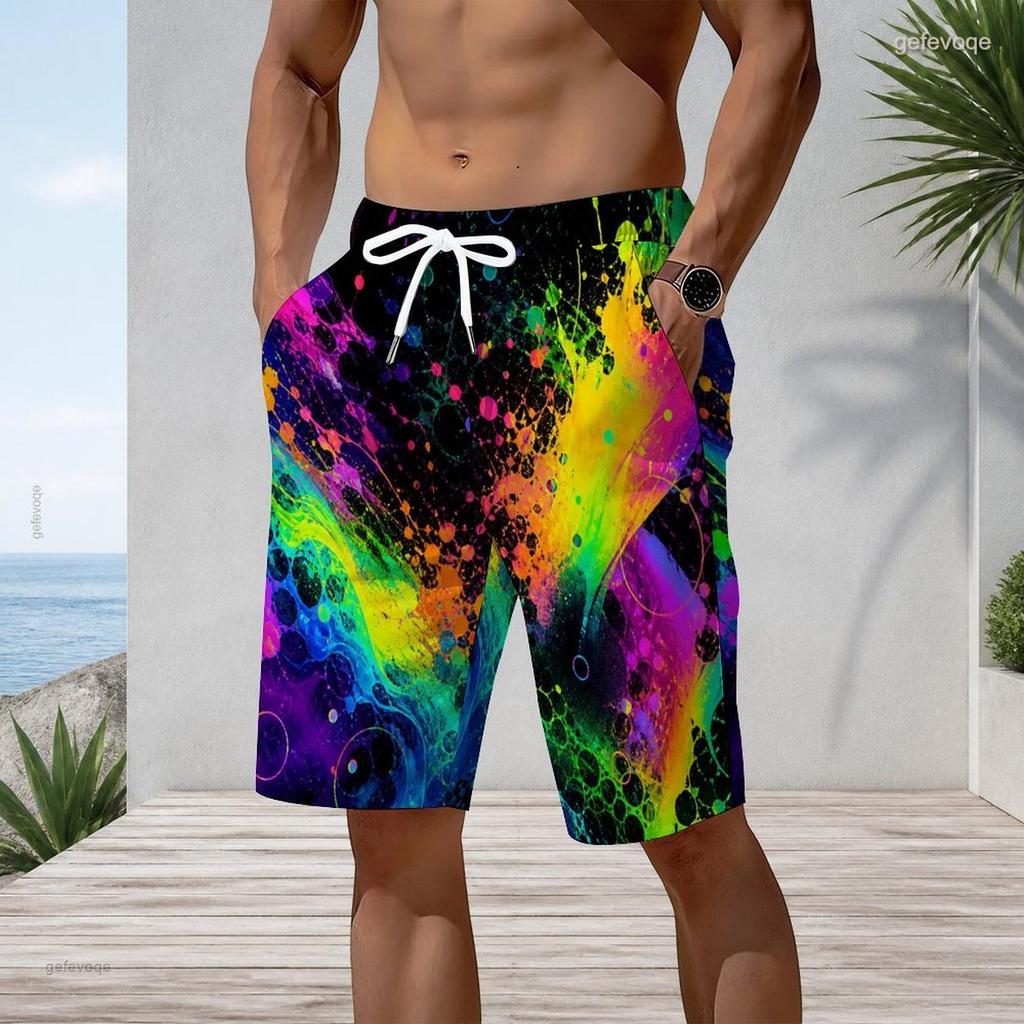 Men s Plus Size Colorful Ink Splash Printed Drawstring Waist Straight Leg Beach Shorts With Side Pockets