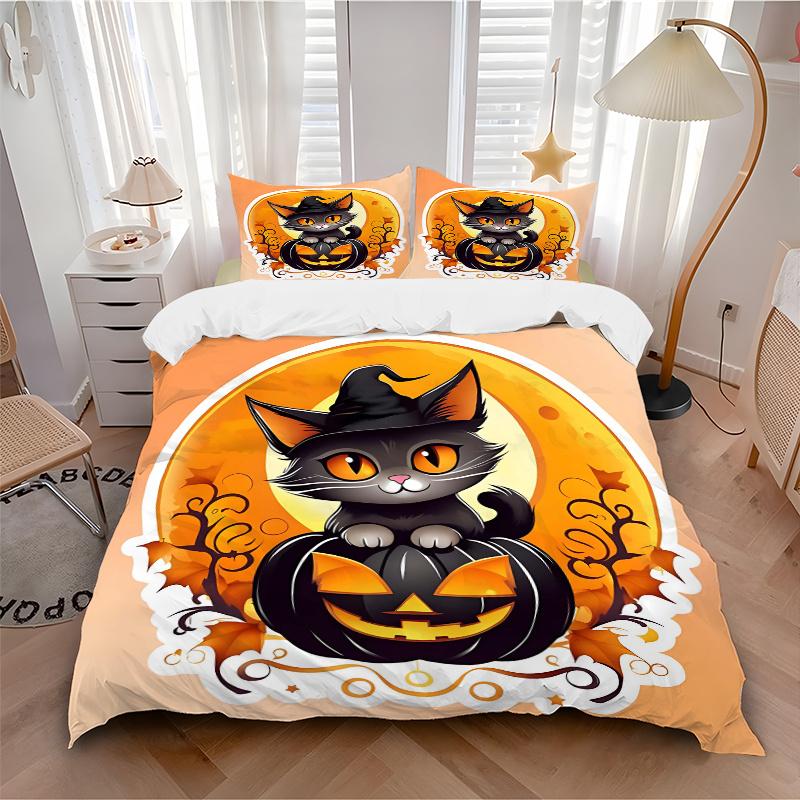 3pcs Black Pumpkin and Cat Quilt Cover Set - Soft & Comfortable Polyester Fabric, All-Season Breathable Comforter Set For 1 Quilt Cover & 2 Pillo