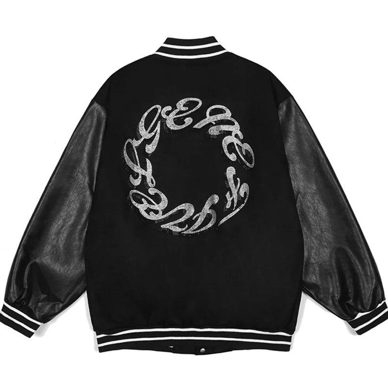 

Men Letter Diamond PU Sleeve Splicing Varsity Jacket Male Loose Stand-Up Collar Dark Color Baseball Uniform Black Brown Outwear