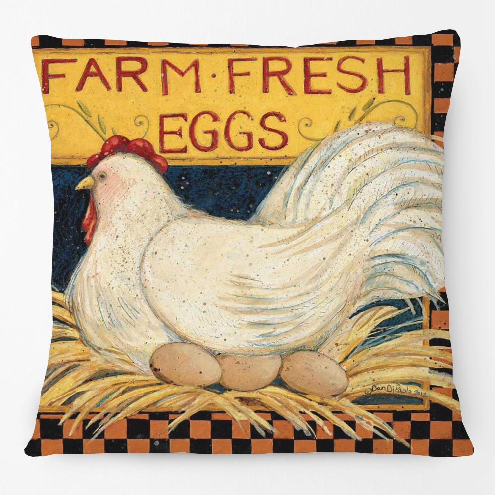 Hand Painting Country Rooster Hen Poster Cushion Covers Retro Vintage Farm Chicken Fresh Eggs Print Pillow Case