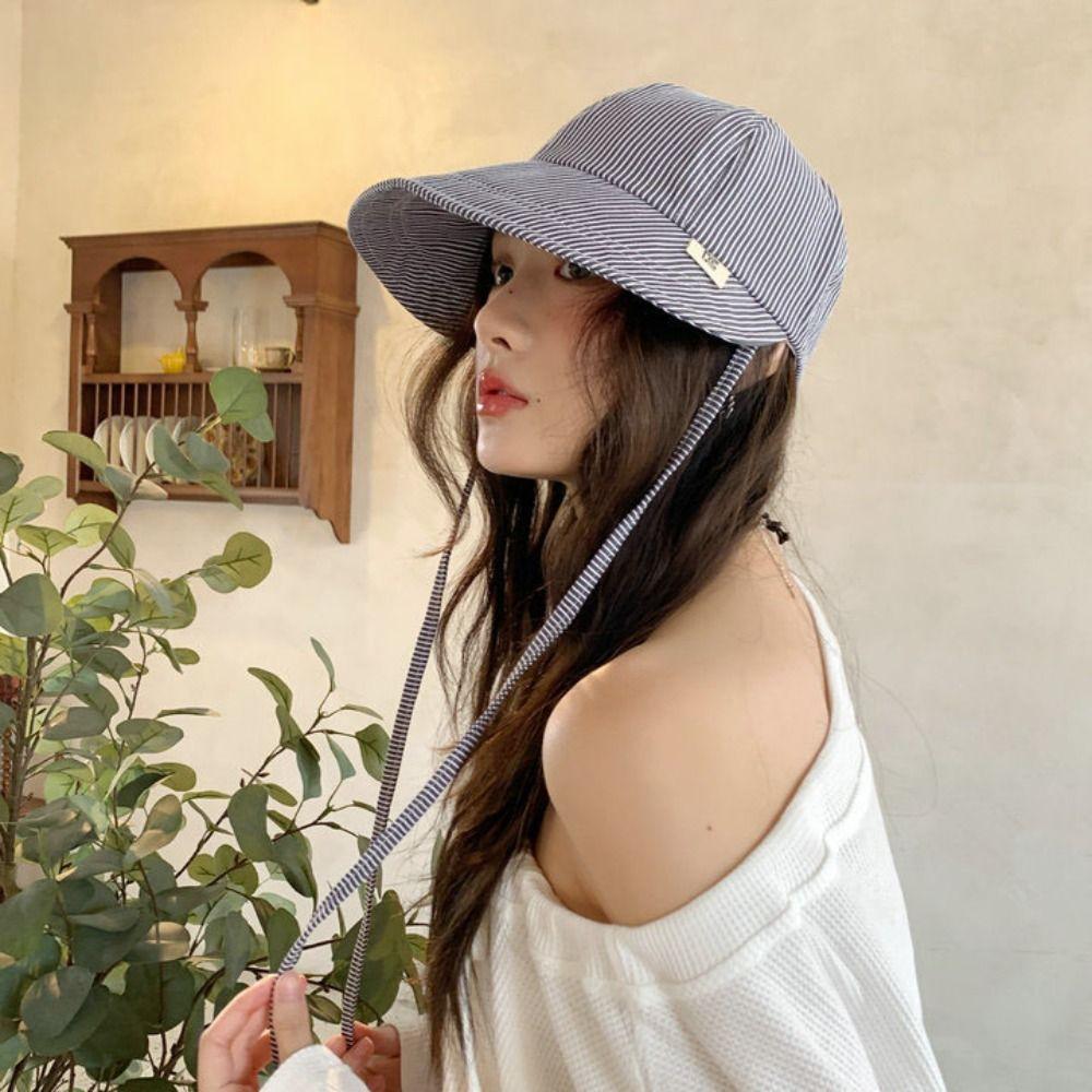 Wide Brim Striped Peaked Cap Drawstring Women Sun Hat Foldable Sunscreen Baseball Hat  Sports