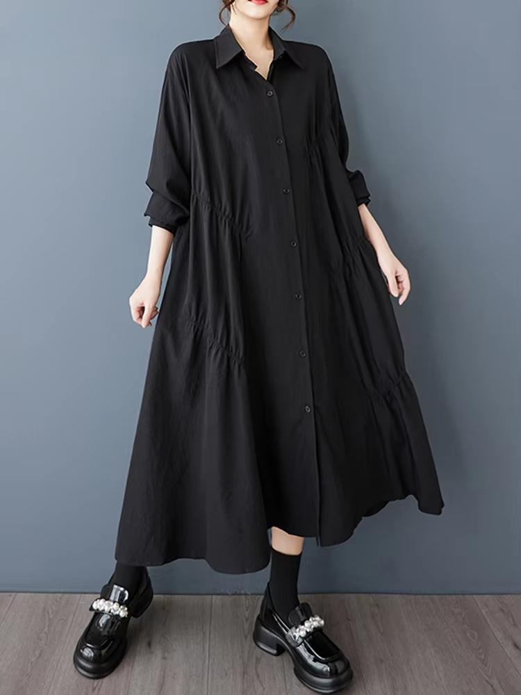 

XITAO Pleated Single Breasted Lapel Dress GYX1542 One Size хакі