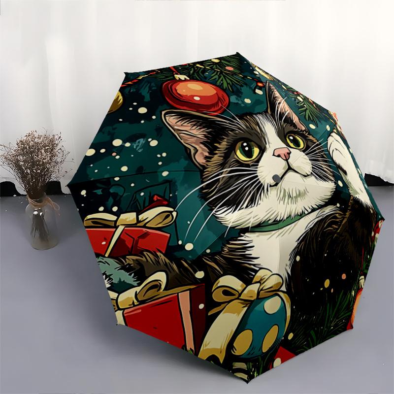 1pc Christmas Cat Automatic Open/CloseUmbrella-CuteUmbrella with Cute Design, Portable 3-Fold Compact Umbrella for Men & Women, Valentine's Day M