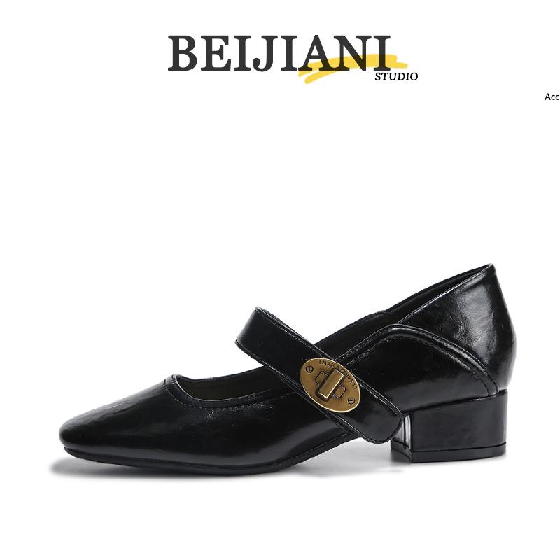 BEIJIANI 1389-1 Women's Chunky Heel Mary Janes, Square Toe, Low-Cut Ankle Strap, Spring/Autumn.