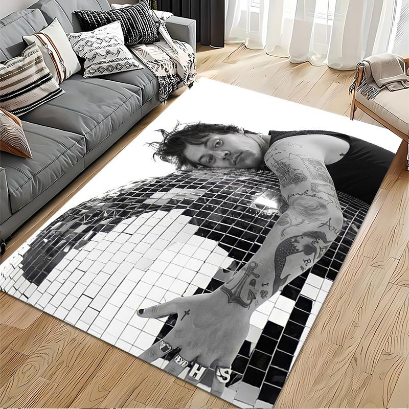 Pop Music Area Rug, Harry Styles Leaning on Disco Ball Tattoos Black White Photo Print, Fan Room Decor, Non-Slip Mat