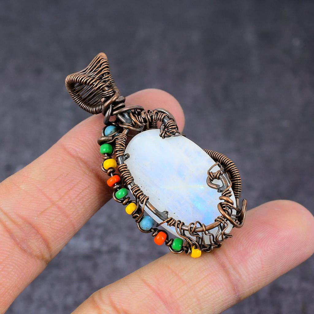 Natural Rainbow Moonstone Copper Wire Wrap Tree Of Life Pendant 2.17" Y5L24
