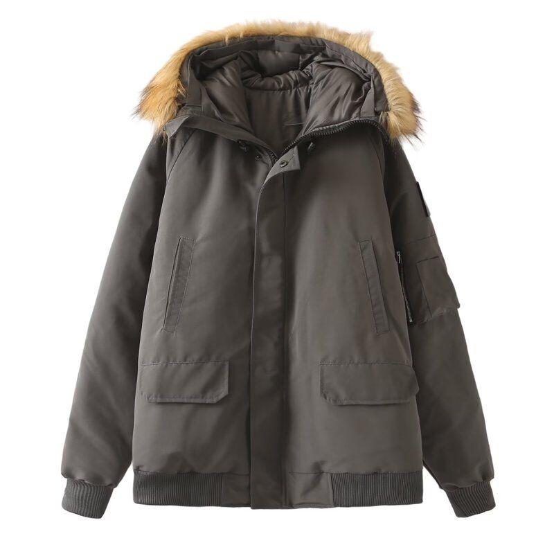 

Fashion Wind 2024 Winter New Arrival Women Hooded Commuter s All-Matching American Retro Parka Fur Collar Cotton Clothes Outwear Gray M