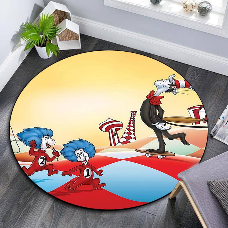 The Cat in the Hat Round Area Rug,Carpet Rug for Living Room Bedroom Sofa Playroom Decor,Non-slip Floor Mat