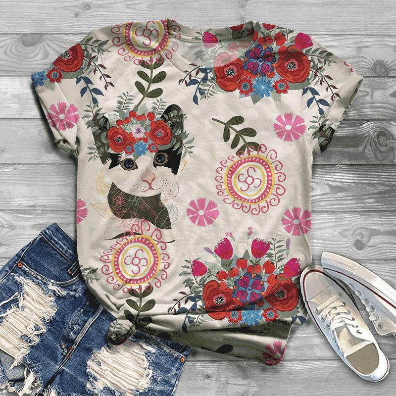 Women's 3D Cat Pattern Fresh Printed T-shirt 3D Printed Short Sleeved T-shirt