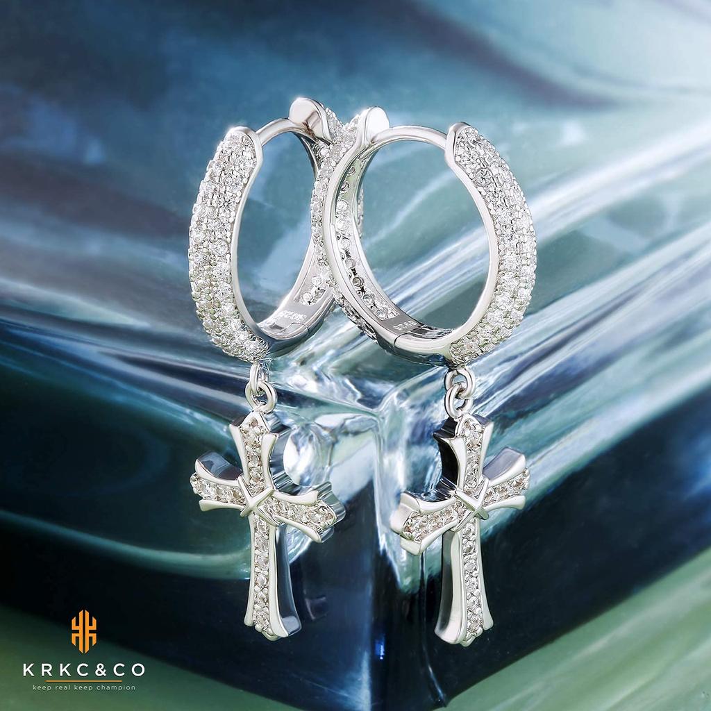 Korskors Örhänge Silver Båda 15mm 14K Guld Hängande Droppe CZ Glittrande KRKC&CO Örhängen, Örhängen, Zirkonia, Herr, 925, Öron, Diameter, Pläterad,