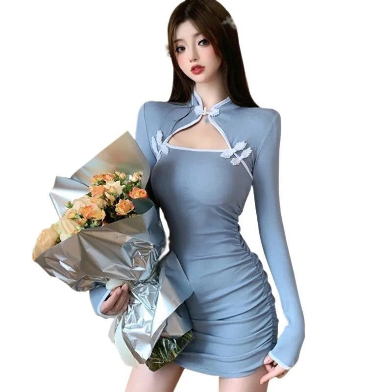 Damekontrastfarge Hollow Out Langermet Cheongsam-kjole