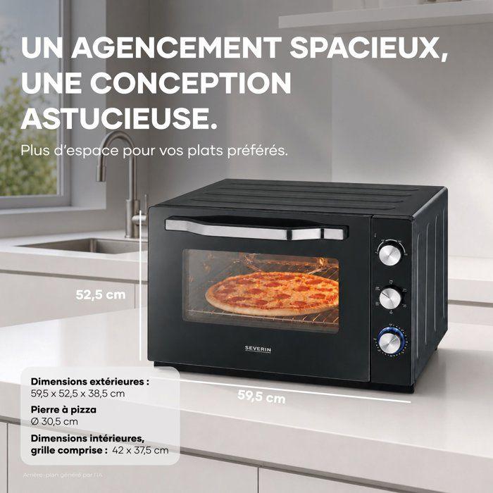 Four posable XXL a chaleur tournante SEVERIN - 60 L - 2 200 W - Tournebroche et pierre a pizza - Noir/Inox