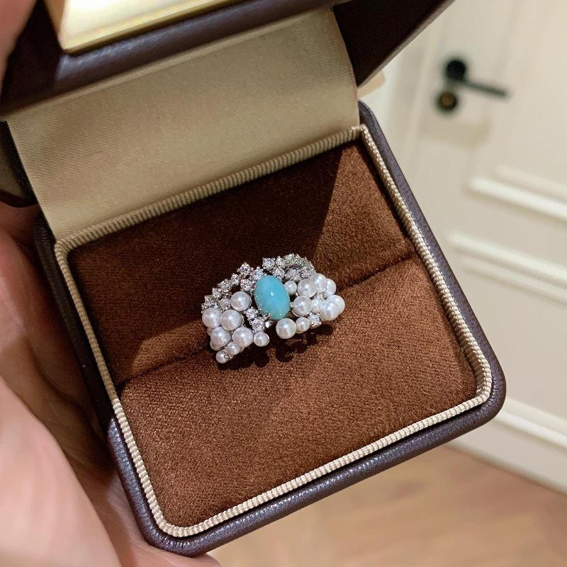 French Light Luxury Retro High Sense Diamond Turquoise Pearl Ring Romantic Court Style Gentle Temperament Ring